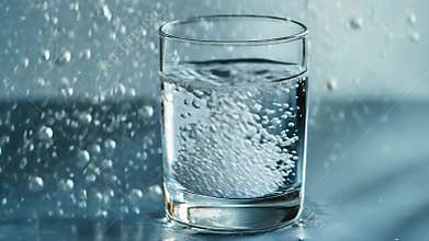 Effervescent tablet dissolving in a glass of water creating bubbles and splashes
