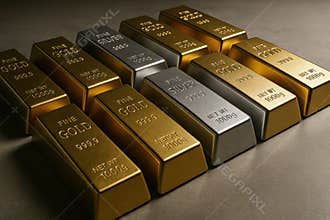 Shiny gold and silver bars arranged in rows on a smooth surface highlighting wealth, precious metals, and financial security, AI