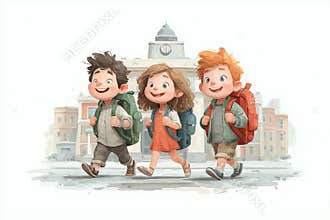 Illustration of three joyful children carrying backpacks as they walk towards a school building.