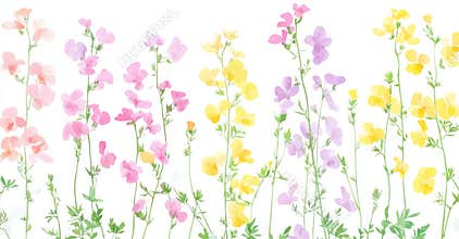 This watercolor floral clipart includes pink, purple, and yellow blooms on a white background. The images are simple yet