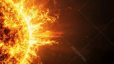 Witness the fiery beauty of a vibrant sun in space, radiating heat and light against a dark sky. Feel the cosmic power