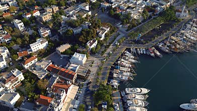 Aerial View on Summer City Buildings and Boats or Yachts on Sea Water in Harbour