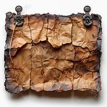 The image depicts a textured, charred artwork on aged papercardboard, hung with metal eyelets and a string It embodies a
