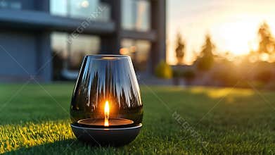 Candle glowing softly on a lush lawn during sunset in a serene outdoor setting