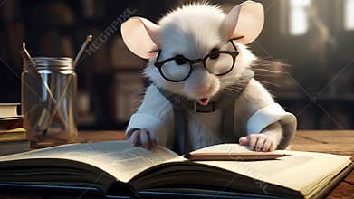 Studious Mouse with Books and Glasses