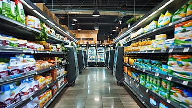 Aisle of a modern grocery store filled with fresh products and beverages during daytime shopping