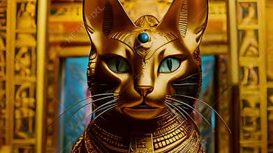 Golden Egyptian magical divine cat, cat in the temple of the Egyptian goddess Bastet