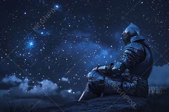 Knight gazing at the starry sky in a calm night landscape
