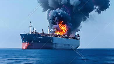 Oil tanker on fire at sea during commercial delivery of goods