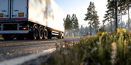 Low-angle view of a white transport truck driving on an open road