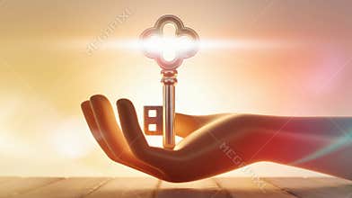A hand holds a shining golden key, representing opportunity and solutions against a warm glowing background.