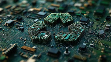Circuit board with recycling symbol in electronic components, AI Generative