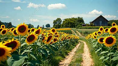 Sunflower field in bloom, yellow flowers, summer landscape, rural beauty stock footage generative AI