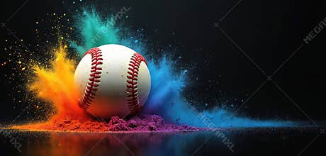 Illustration features baseball ball colorful splash on black background with copy space. Generative AI graphic image used as sport