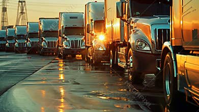 Truck Convoy on Highway at Sunrise