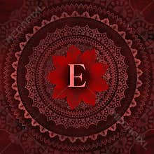 Vintage Red Letter E in Mandala Floral Pattern Frame