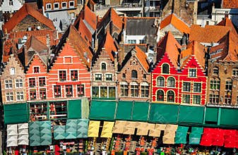 Aerial view of colorful square and houses in Bruges