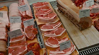 New York City, United States, August 20, 2024. At the Chelsea Market, pan footage of a meat counter window: healthy, inv