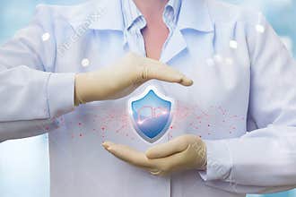 Protection in healthcare with liver icon inside a shield