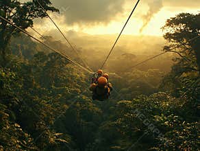 An adventurous scene of people ziplining over the lush canopies of Costa Rica