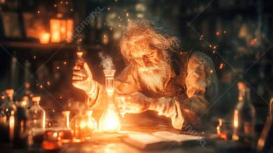Old alchemist working in his laboratory surrounded by potions