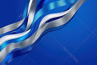 Abstract Flowing Ribbons of Blue, Silver, and White on a Royal Blue Background