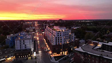 Aerial view of the urban buildings at the downtown of Kingston city at dusk in Ontario, Canada