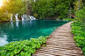 Waterfalls and pathway in the Plitvice National Park, Croatia