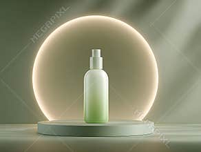 Eco friendly spray bottle with soft glowing aura minimal green cosmetic packaging on pedestal in studio lighting, serene