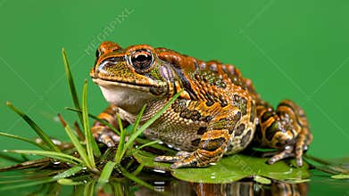 Colorful Frog Sittng On A Lily Pad In Shallow Water With Lush Green Grass And Vibrant Green Background