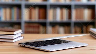 Laptop with partially closed lid on a wooden desk with a stack of books and a notebook, creating a studious learning and research