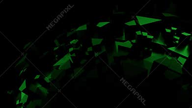 Abstract green low poly geometric landscape with faceted polygon shapes moving on a dark background