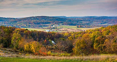 View of rolling hills in rural Frederick County, Maryland.