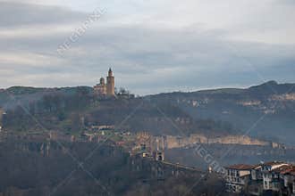 VELIKO TARNOVO, BULGARIA - MARCH 15, 2022: Distant view of Tsarevets Fortress and Patriarchal Cathedral
