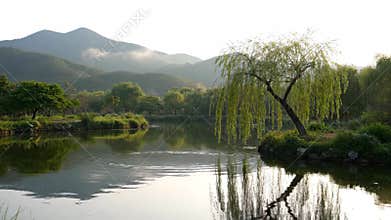 Natural scenery of weeping willows beside lakes between mountains and rivers,Generative AI