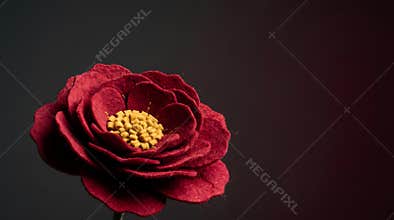 Luxurious deep red felt flower blossoms with intricate texture and a vibrant yellow stamen illuminated against a dark
