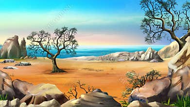 Rocky Shore with Lonely Tree Against Blue Sky