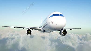 Passenger airbus a321 flying in the clouds. Travel concept. Realistic 4K animation.