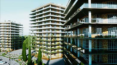 City, town architectural 3d visualization. Aerial view. Realistic 4k animation.