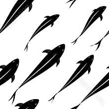 Background pattern of black fish silhouettes in the depths of the ocean.