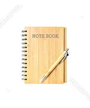 Closeup surface front of cover brown wooden note book with brown pen isolated on white background