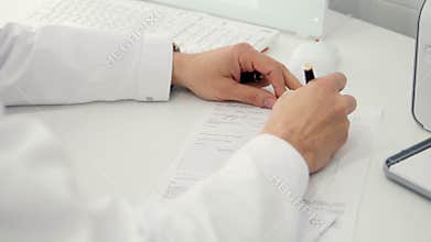 Professional doctor writes recipe, doing paperwork in clinic. Health care and insurance concept. 4K.