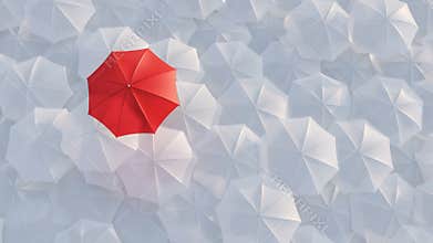 Red umbrella standing out from crowd mass concept
