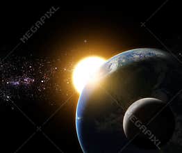 Sunrise to earth and moon in galaxy space element finished b