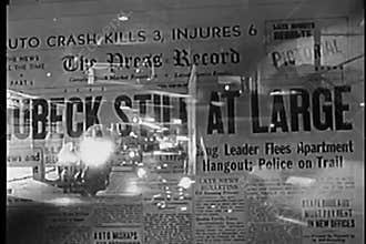 Montage of robbery headline and police chase