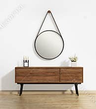 Console table with captain's round mirror