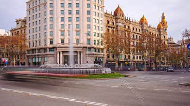 Spain barcelona main street fountain day light traffic 4k time lapse