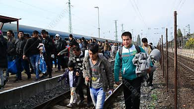Group of refugees leaving Hungary