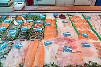Seafood on ice at the fish market in Amterdam, Netherland.