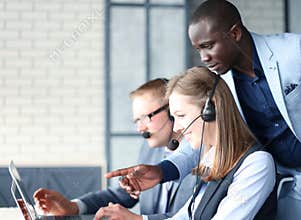 Phone operator working at call centre office